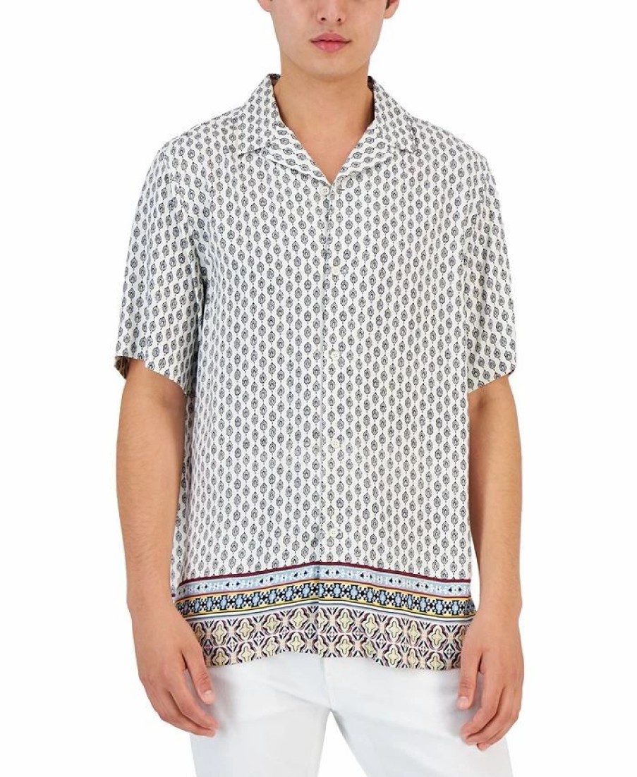 Casual Button-Down Shirts * | Club Room Men'S Carlo Geometric-Print Shirt, Created For Macy'S Bright White