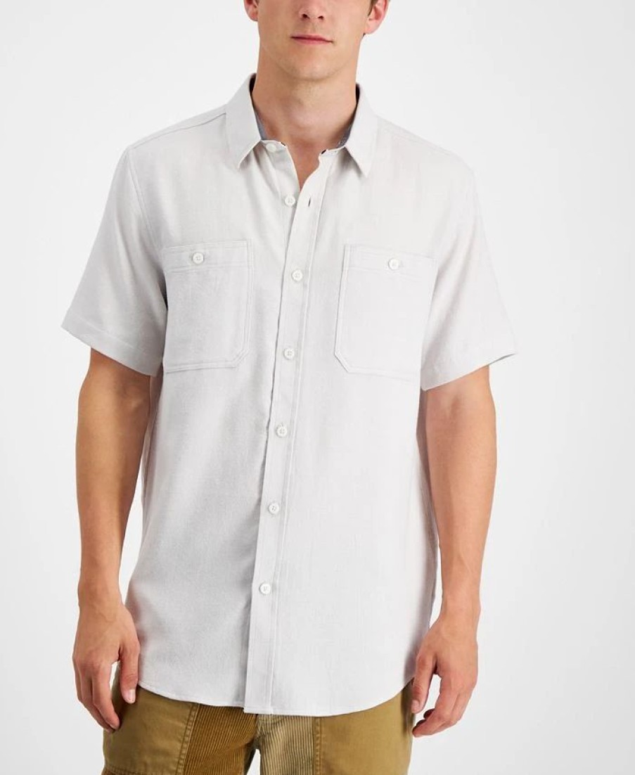 Casual Button-Down Shirts * | Sun + Stone Men'S Regular-Fit Short Sleeve Flannel Shirt, Created For Macy'S Vintage White