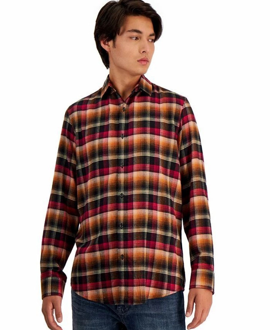 Casual Button-Down Shirts * | Alfani Men'S Long-Sleeve Iris Plaid Shirt, Created For Macy'S Black Combo