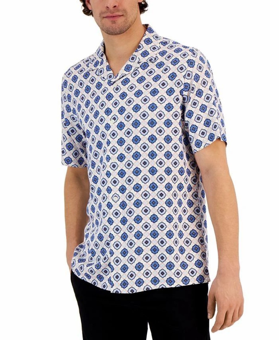 Casual Button-Down Shirts * | Club Room Men'S Silk Medallion Shirt, Created For Macy'S Bright White