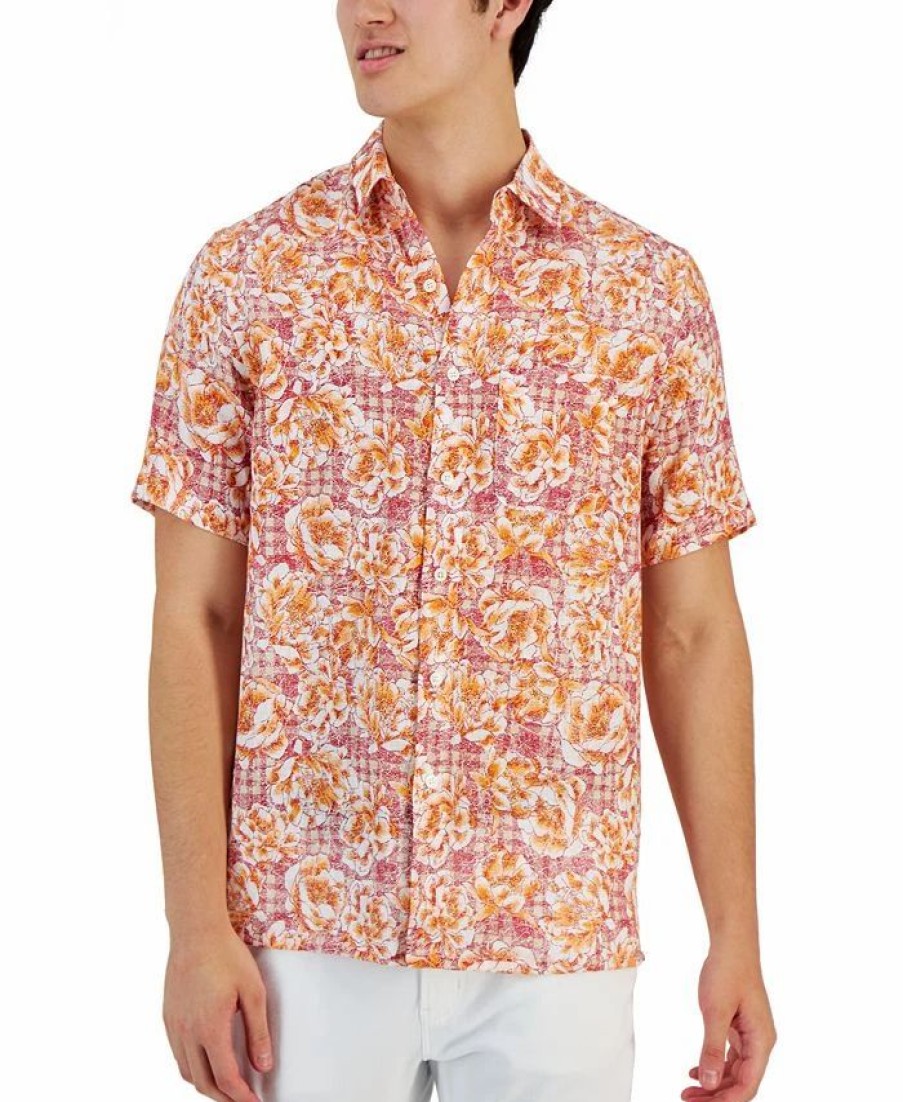 Casual Button-Down Shirts * | Club Room Men'S Theora Garden Check Floral Linen Short-Sleeve Pocket Shirt, Created For Macy'S Karanda Red Combo