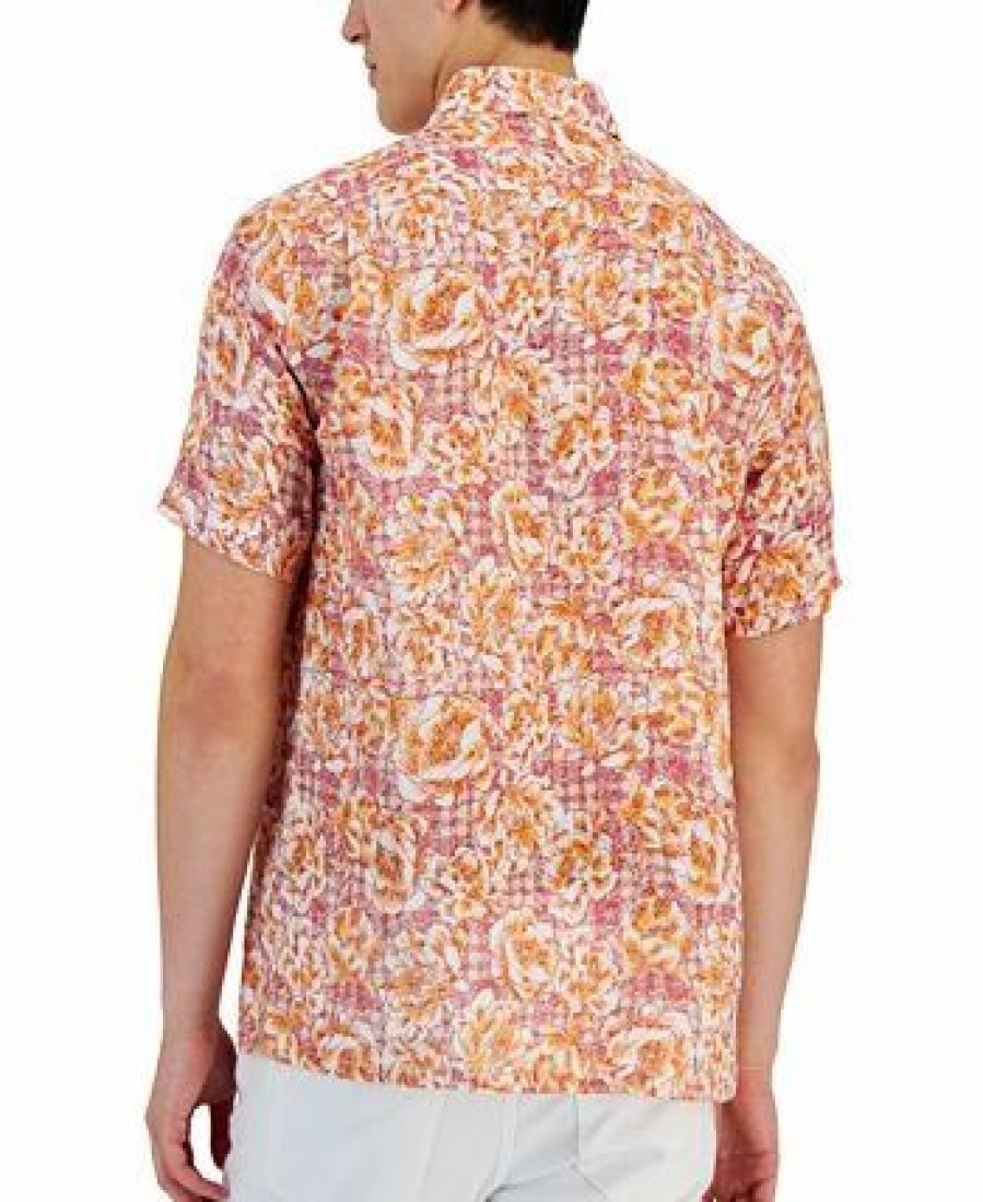 Casual Button-Down Shirts * | Club Room Men'S Theora Garden Check Floral Linen Short-Sleeve Pocket Shirt, Created For Macy'S Karanda Red Combo