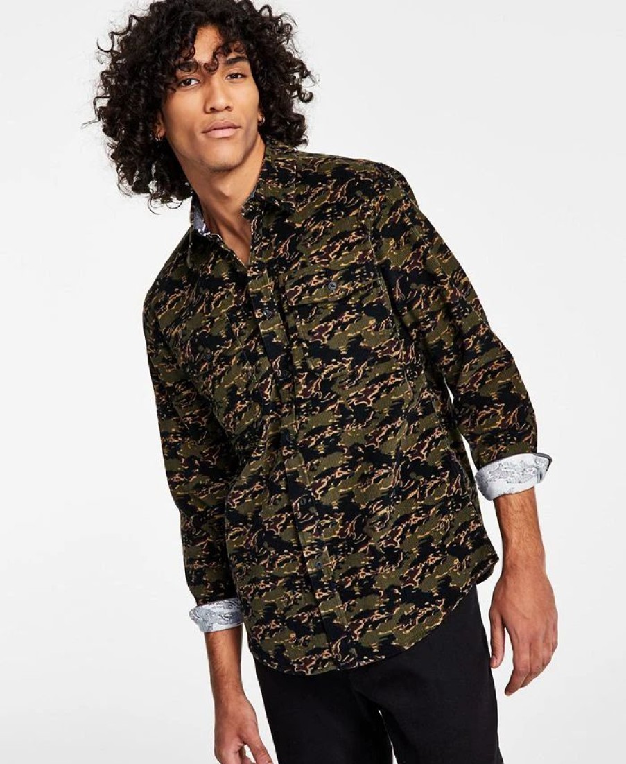 Casual Button-Down Shirts * | Sun + Stone Men'S Oliver Camo Print Long-Sleeve Corduroy Shirt, Created For Macy'S Green