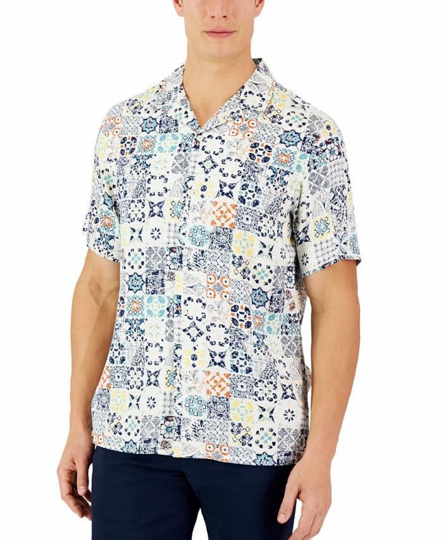 Casual Button-Down Shirts * | Club Room Men'S Rumbie Mixed Medallion Silk Shirt, Created For Macy'S Bright White