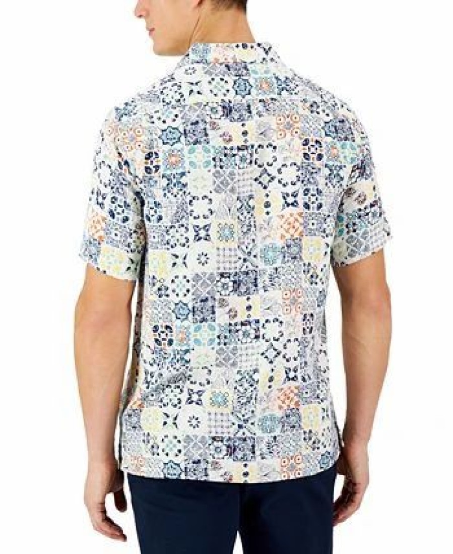 Casual Button-Down Shirts * | Club Room Men'S Rumbie Mixed Medallion Silk Shirt, Created For Macy'S Bright White