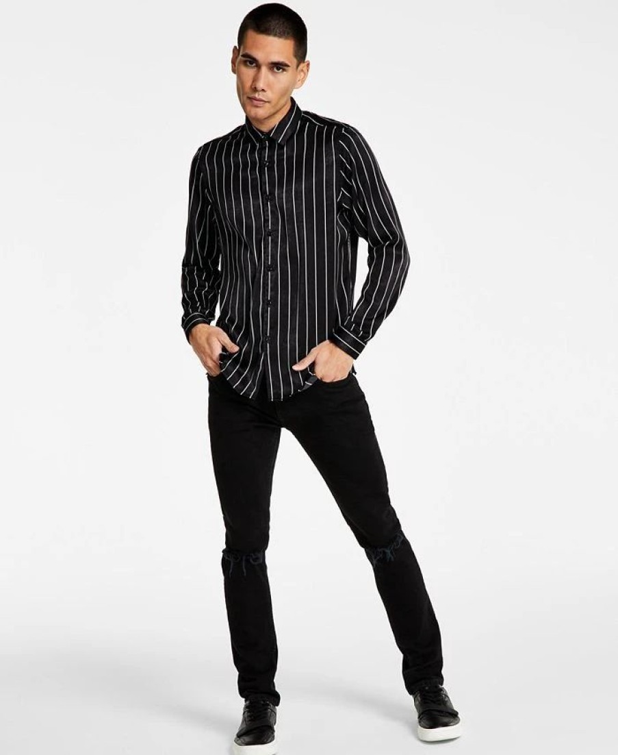 Casual Button-Down Shirts * | Inc International Concepts Men'S Classic-Fit Stripe Satin Button-Down Shirt, Created For Macy'S Deep Black