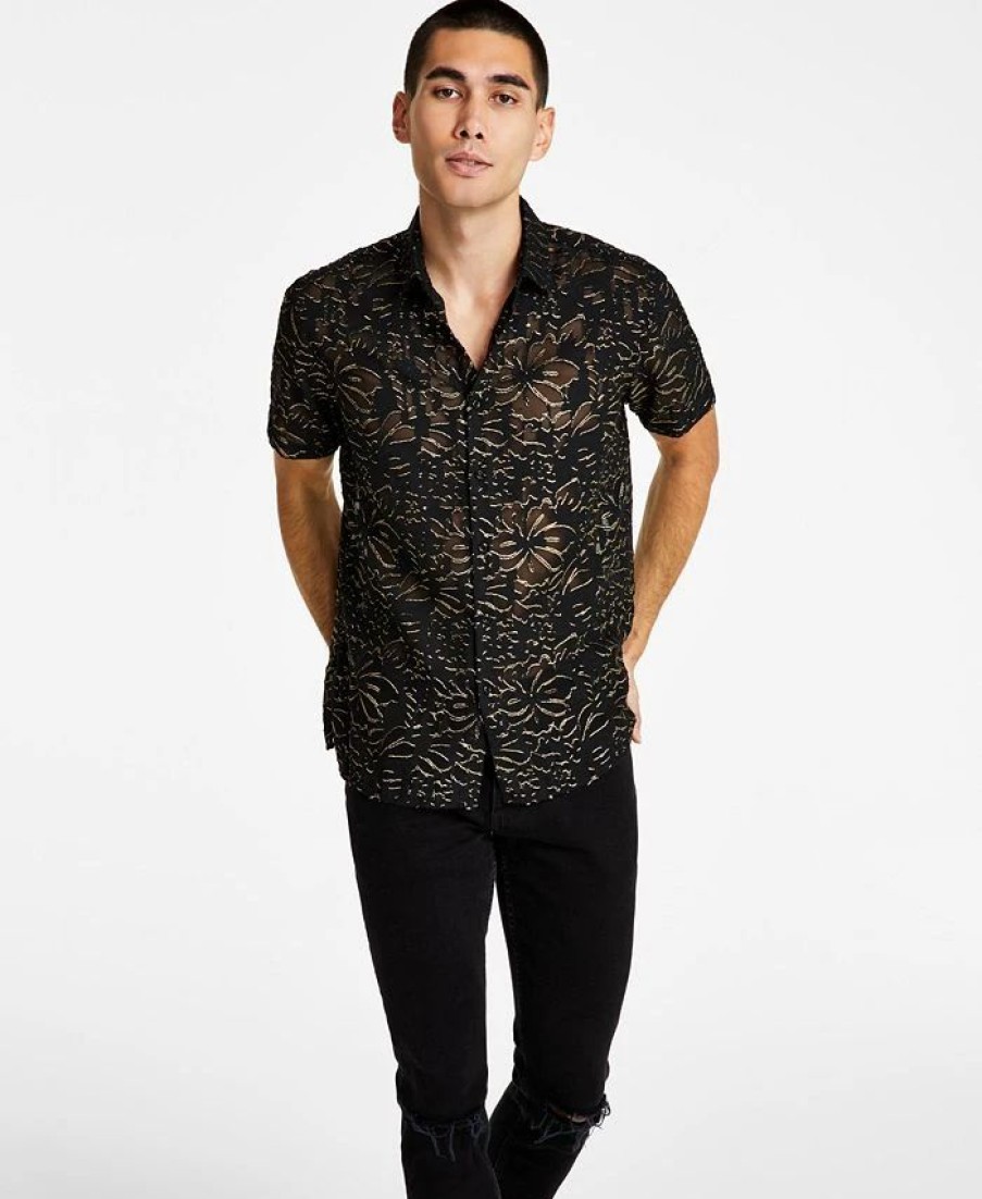 Casual Button-Down Shirts * | Inc International Concepts Men'S Classic-Fit Metallic Floral Jacquard Button-Down Shirt, Created For Macy'S Deep Black