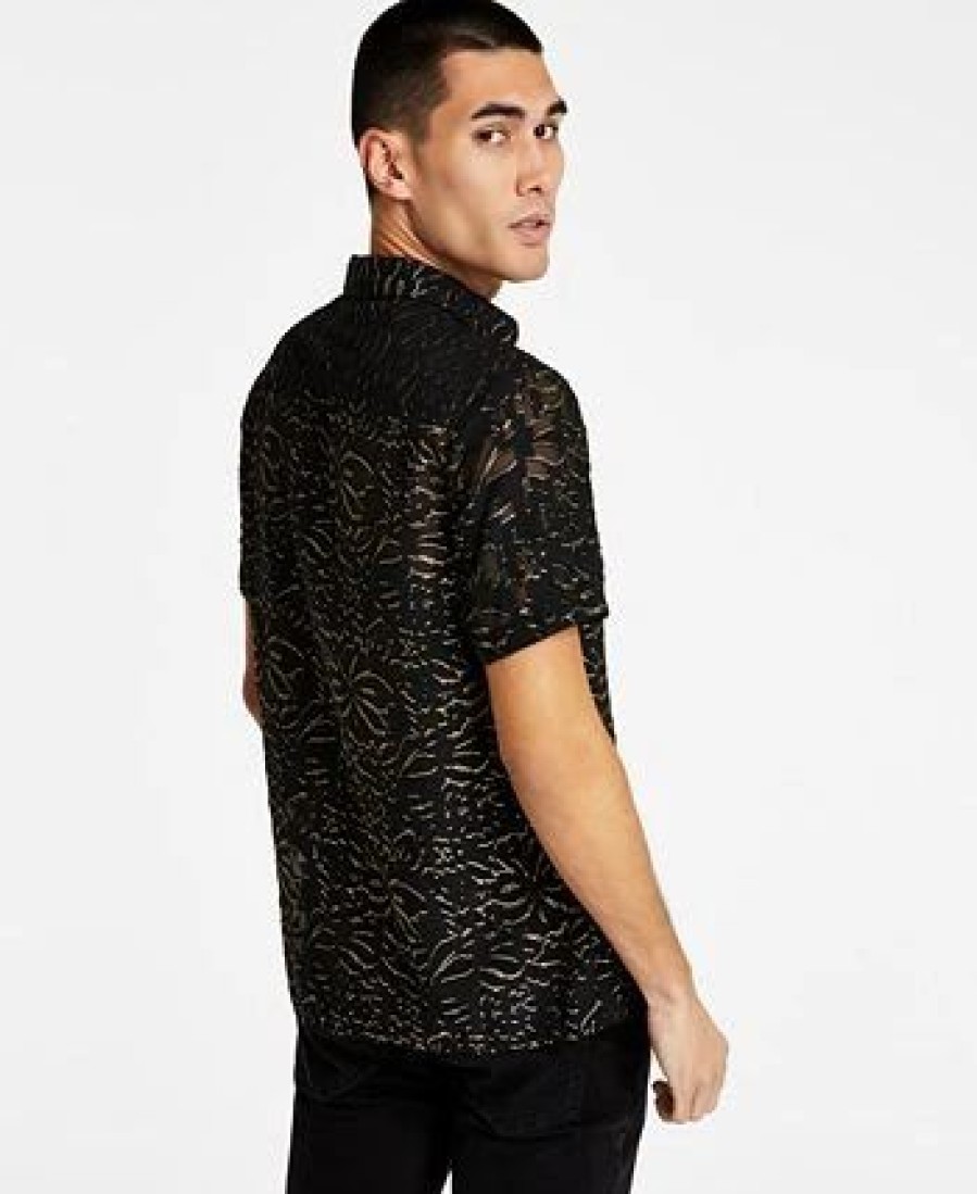 Casual Button-Down Shirts * | Inc International Concepts Men'S Classic-Fit Metallic Floral Jacquard Button-Down Shirt, Created For Macy'S Deep Black