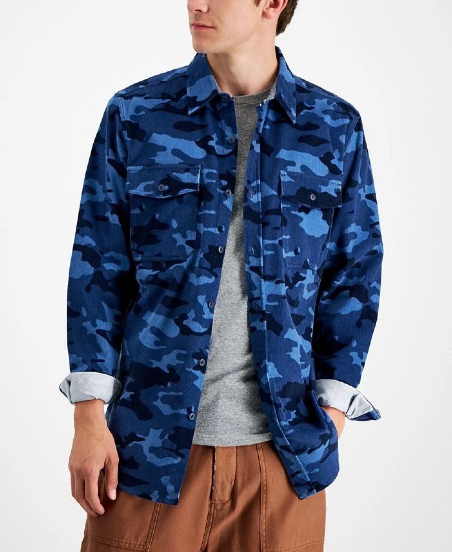 Casual Button-Down Shirts * | Sun + Stone Men'S Nolan Regular-Fit Camouflage Corduroy Shirt, Created For Macy'S Blue Combo