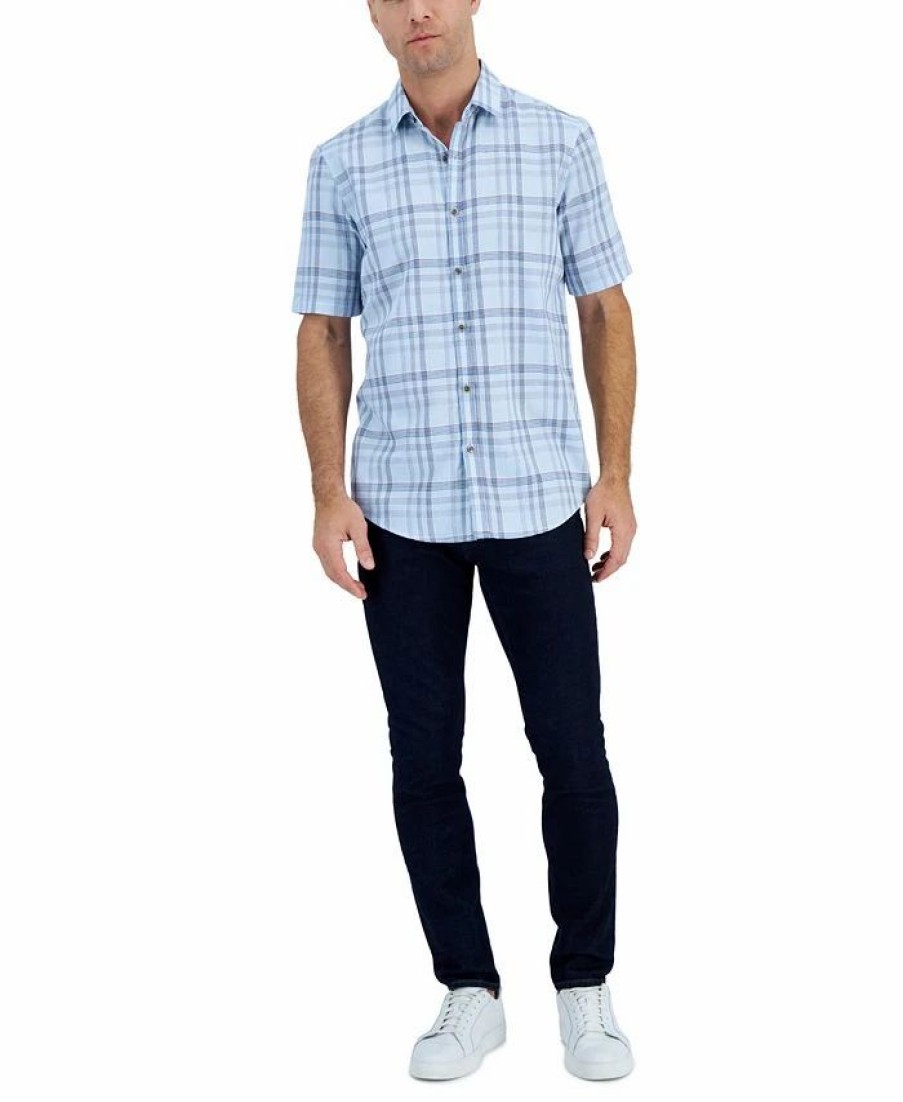 Casual Button-Down Shirts * | Alfani Men'S Short-Sleeve Tillo Plaid Shirt, Created For Macy'S Sweet Seafoam