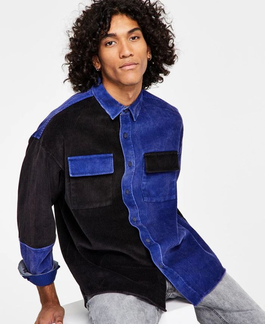 Casual Button-Down Shirts * | Sun + Stone Men'S Regular-Fit Pieced Colorblocked Corduroy Shirt, Created For Macy'S Blue Combo