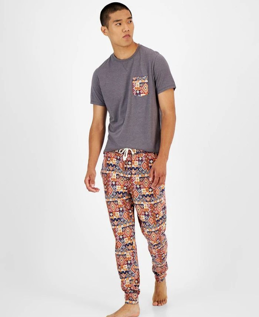 Pajamas & Robes * | Sun + Stone Men'S Southwest Contrast Pocket Pajama T-Shirt, Created For Macy'S Orange Navy