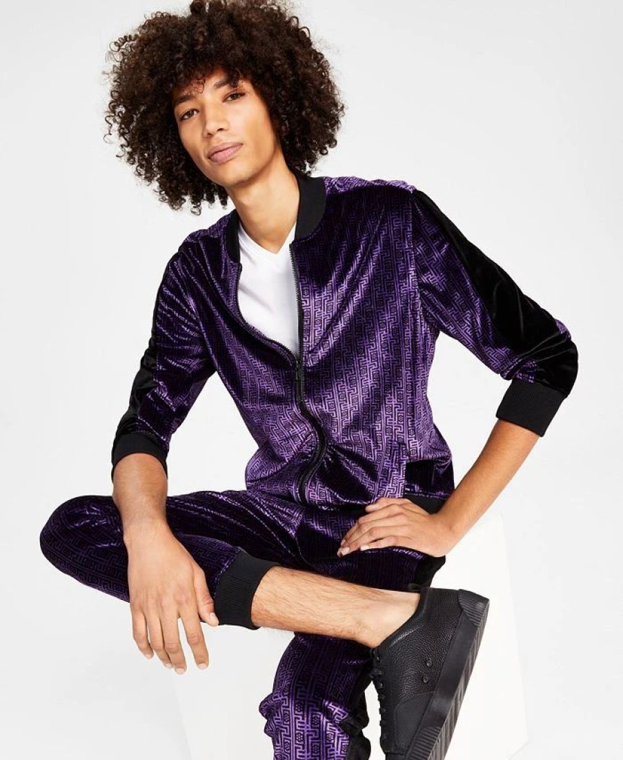 Casual Button-Down Shirts * | Inc International Concepts Men'S Gemini Classic-Fit Geometric Full-Zip Velour Tracksuit Jacket, Created For Macy'S Deep Purple