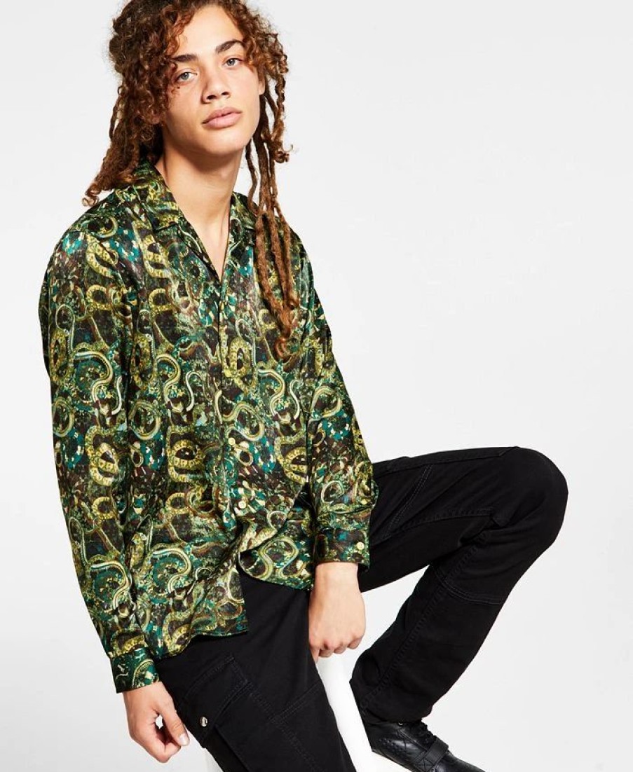 Casual Button-Down Shirts * | Inc International Concepts .N.C. International Concepts Men'S Regular-Fit Snake-Print Camp Shirt, Created For Macy'S Green Leaf