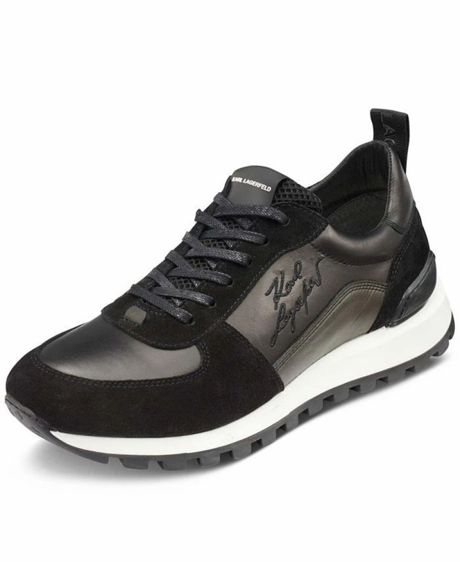 All Men'S Shoes * | Karl Lagerfeld Men'S Leather & Suede Runner Sneaker With Embroidered Signature Side Logo Black