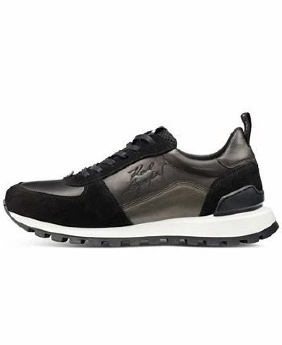 All Men'S Shoes * | Karl Lagerfeld Men'S Leather & Suede Runner Sneaker With Embroidered Signature Side Logo Black