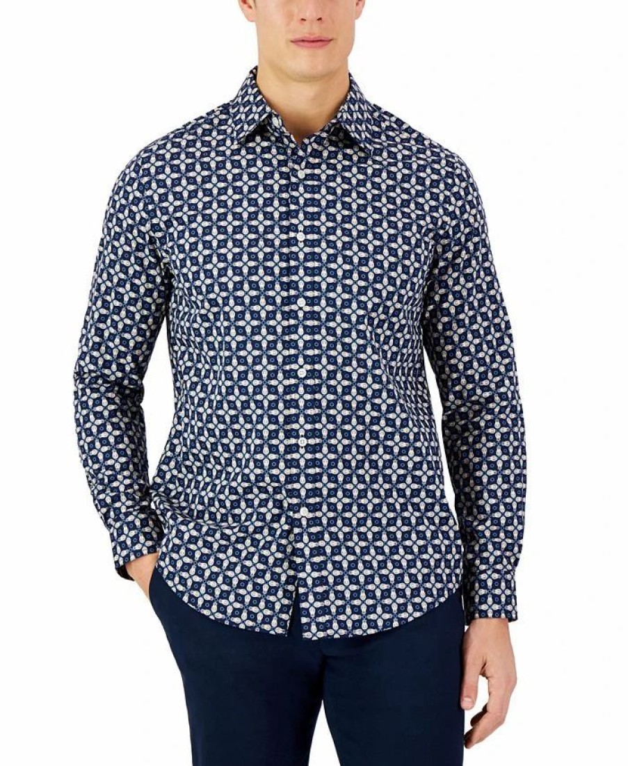 Casual Button-Down Shirts * | Club Room Men'S Long-Sleeve Pineapple Refined Woven Shirt, Created For Macy'S Navy Blue