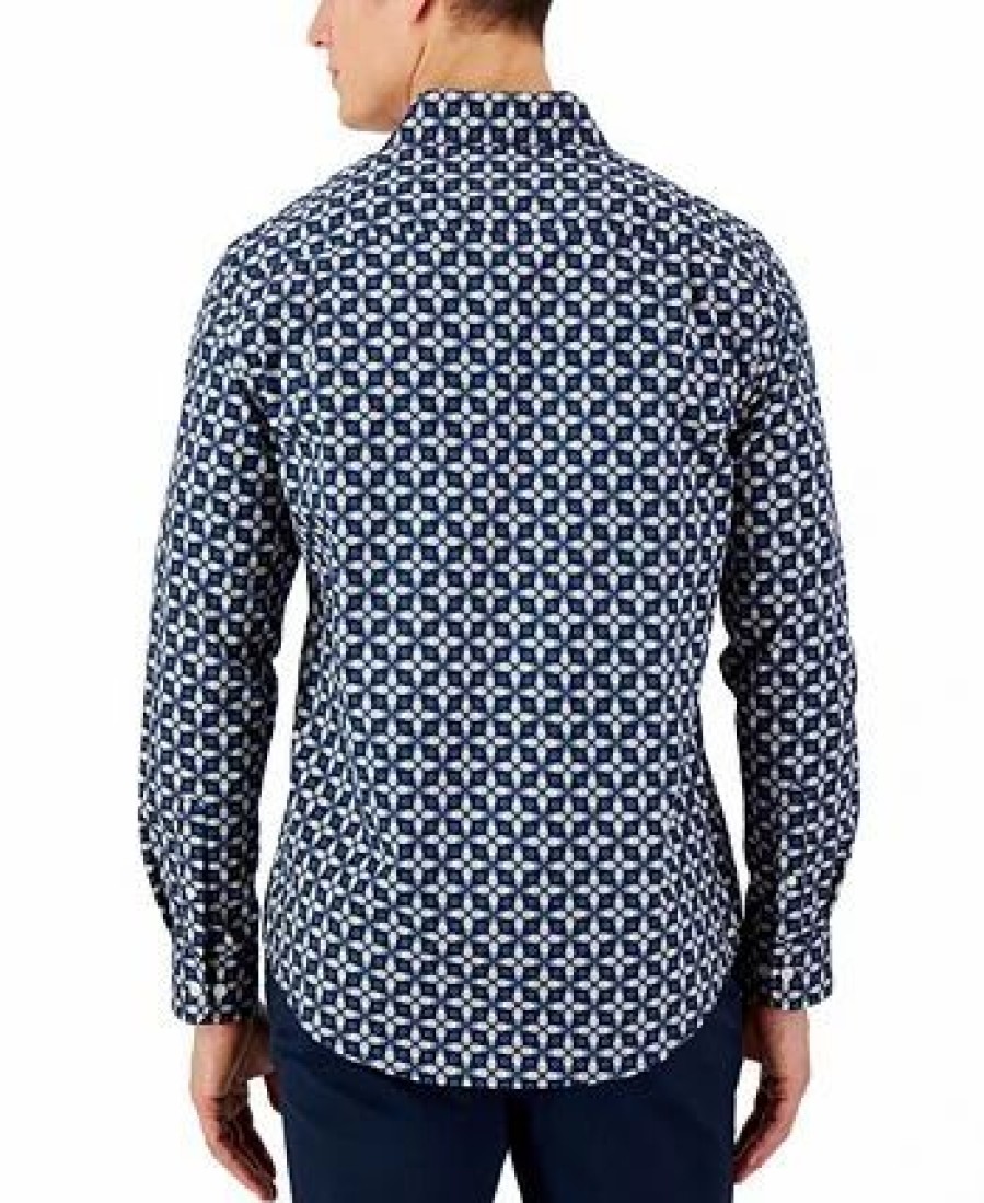 Casual Button-Down Shirts * | Club Room Men'S Long-Sleeve Pineapple Refined Woven Shirt, Created For Macy'S Navy Blue