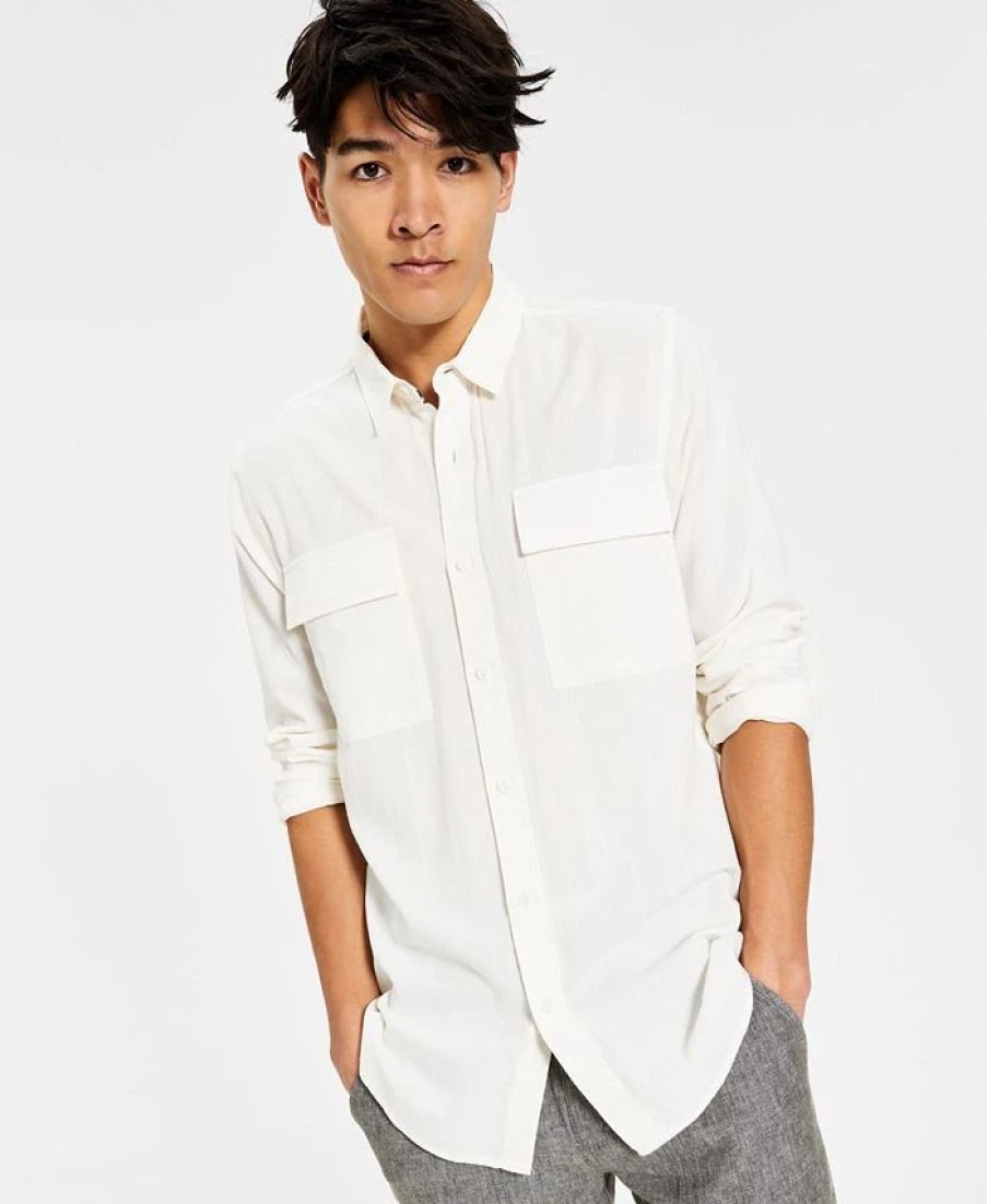 Casual Button-Down Shirts * | Sun + Stone Men'S Sandro Dobby Long-Sleeve Button-Up Shirt, Created For Macy'S Vintage White