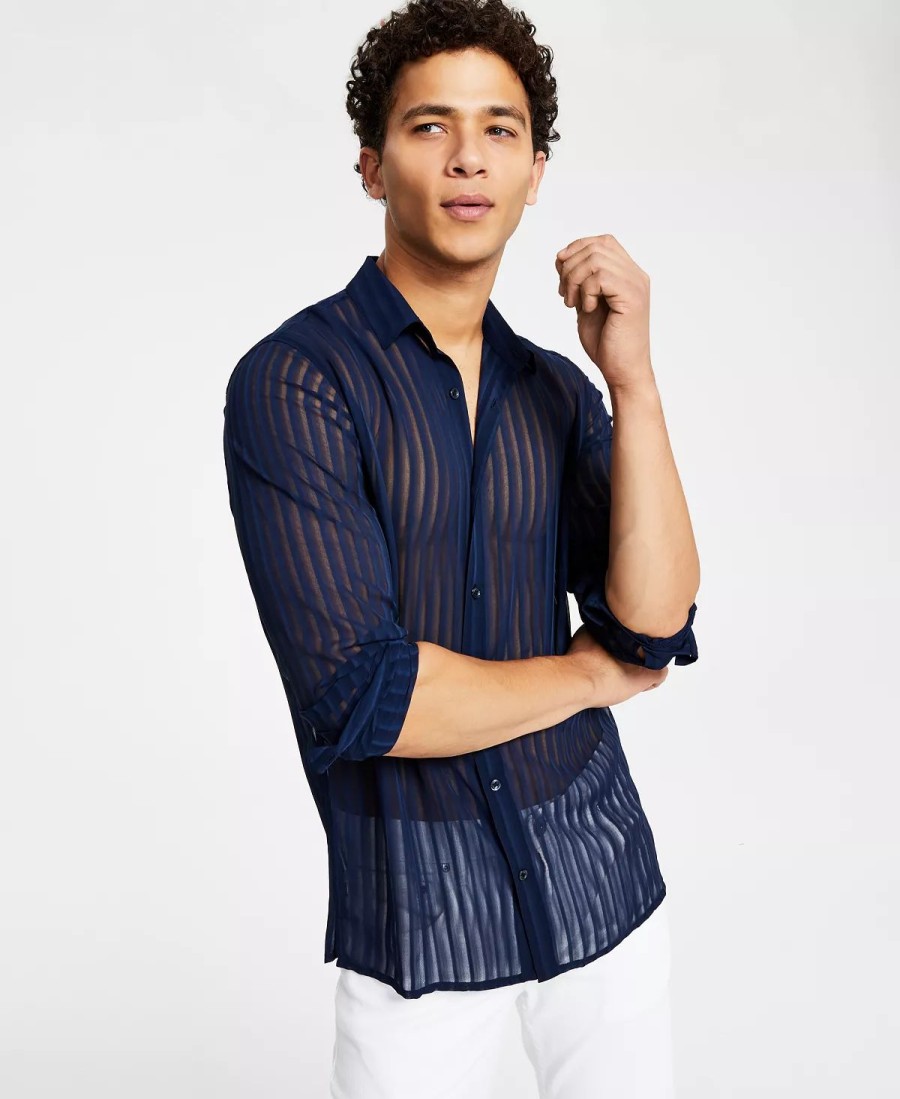 Casual Button-Down Shirts * | Inc International Concepts Men'S Long-Sleeve Sheer Vertical Striped Shirt, Created For Macy'S Basic Navy