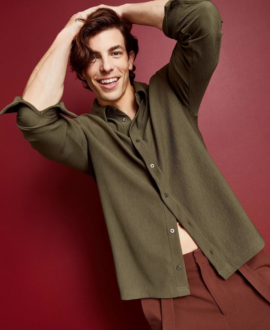 Casual Button-Down Shirts * | Royalty By Maluma En'S Relaxed-Fit Textured Plisse Knit Shirt, Created For Macy'S Olive