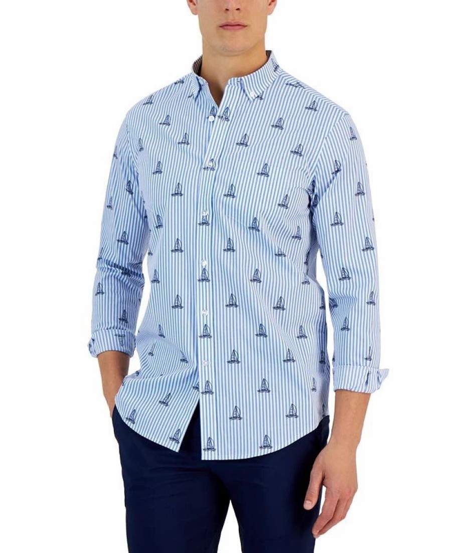 Casual Button-Down Shirts * | Club Room Men'S James Classic-Fit Stripe Sailboat-Print Button-Down Poplin Shirt, Created For Macy'S Bright White