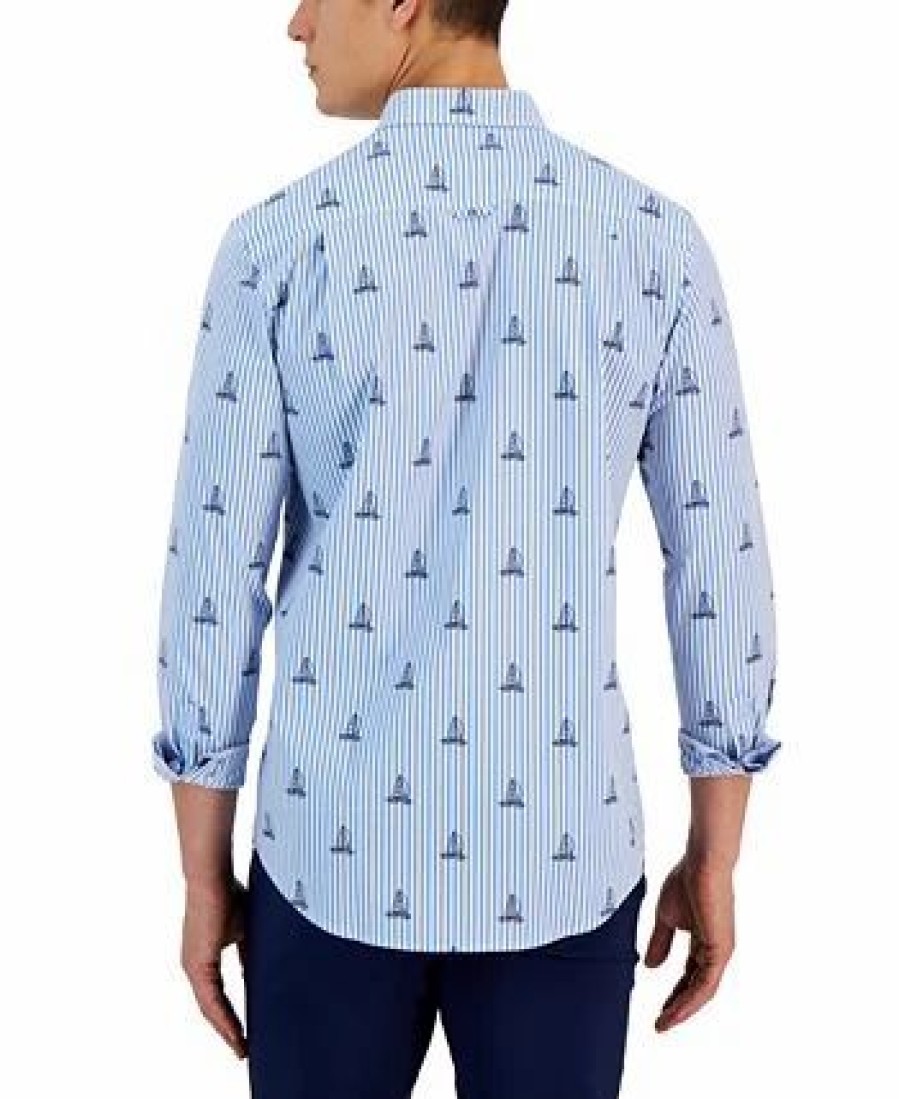 Casual Button-Down Shirts * | Club Room Men'S James Classic-Fit Stripe Sailboat-Print Button-Down Poplin Shirt, Created For Macy'S Bright White