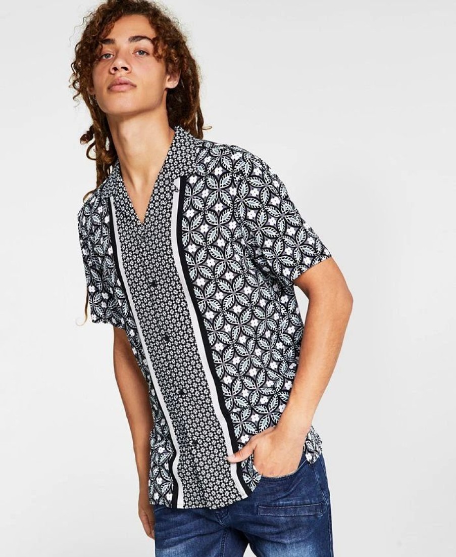 Casual Button-Down Shirts * | Inc International Concepts .N.C. International Concepts Men'S Regular-Fit Geo-Print Camp Shirt, Created For Macy'S Deep Black