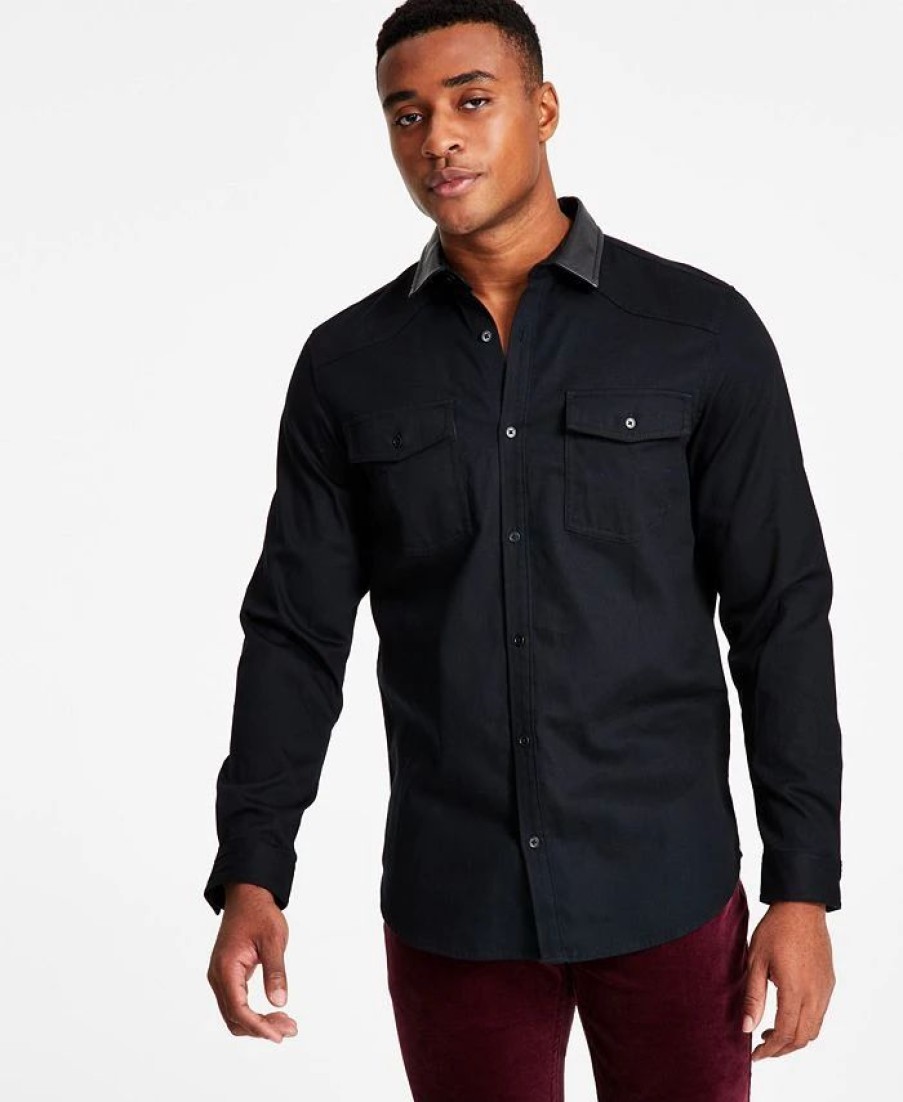 Casual Button-Down Shirts * | Inc International Concepts Men'S Classic-Fit Solid Button-Down Shirt With Faux-Leather Collar, Created For Macy'S Deep Black