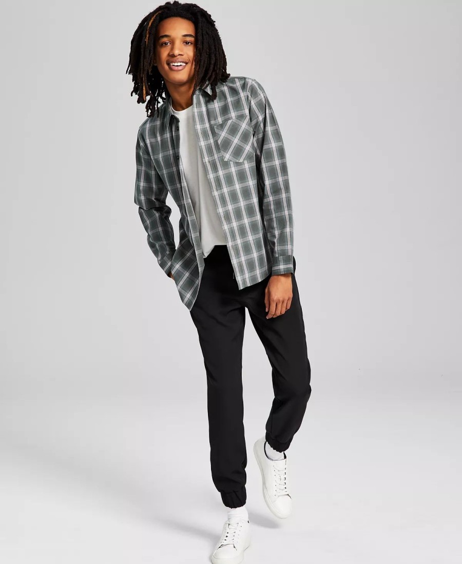 All Men'S Clothing * | And Now This Men'S Woven Plaid Long-Sleeve Button-Up Shirt, Soft Touch Pocket T-Shirt & Tech Stretch Jogger Pants