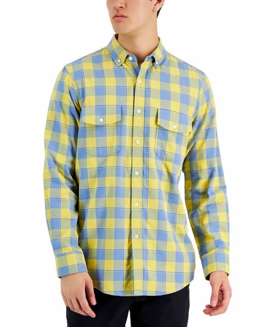 Casual Button-Down Shirts * | Club Room Men'S Tac Plaid Double Faced Woven Long-Sleeve Shirt, Created For Macy'S Maize Gold