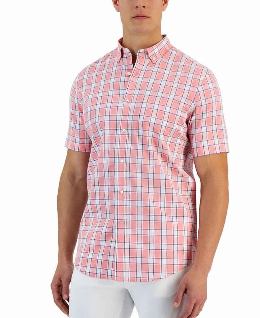 Casual Button-Down Shirts * | Club Room Verde Short Sleeve Button-Down Plaid Pattern Shirt, Created For Macy'S Coral Lining