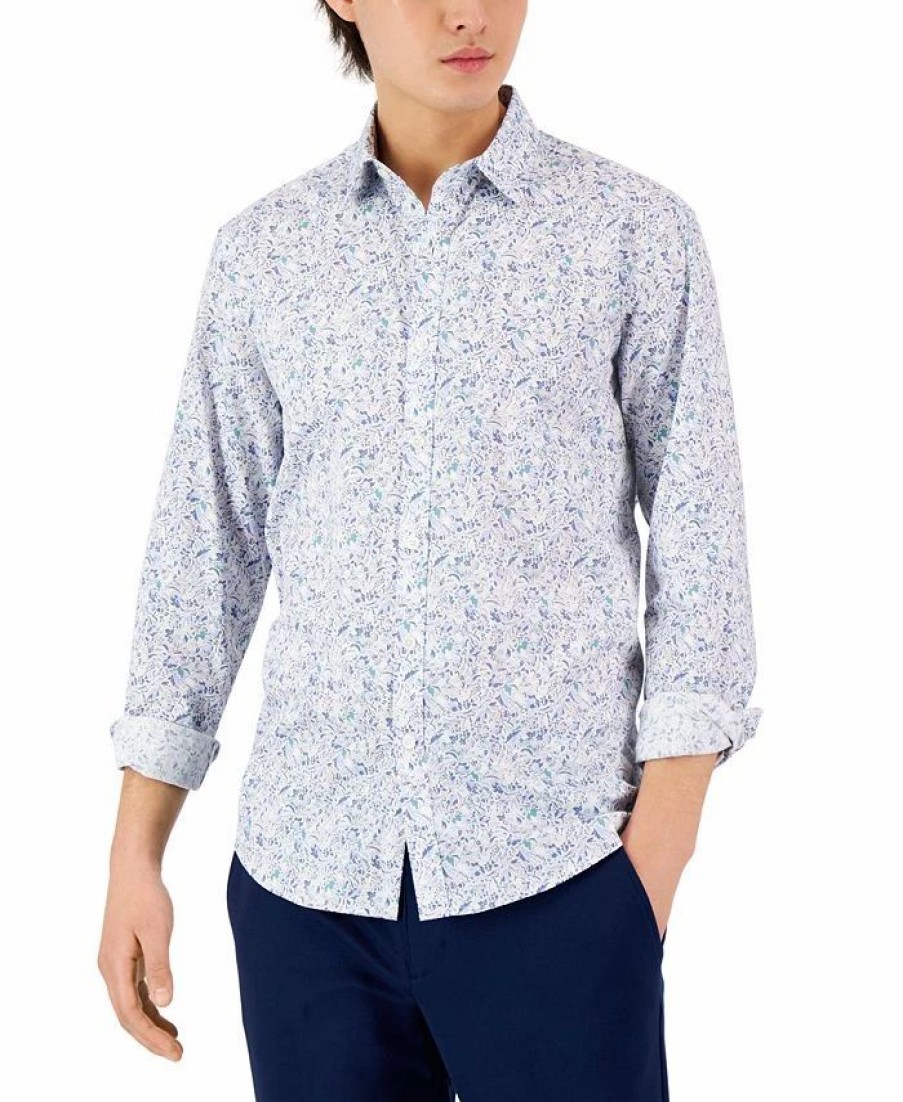 Casual Button-Down Shirts * | Alfani Men'S Long-Sleeve Abstract Floral Print Shirt, Created For Macy'S Navy Blue Combo