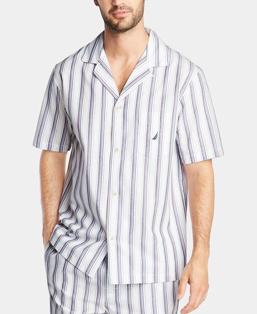 Pajamas & Robes * | Nautica Men'S Cotton Striped Pajama Shirt Bright White