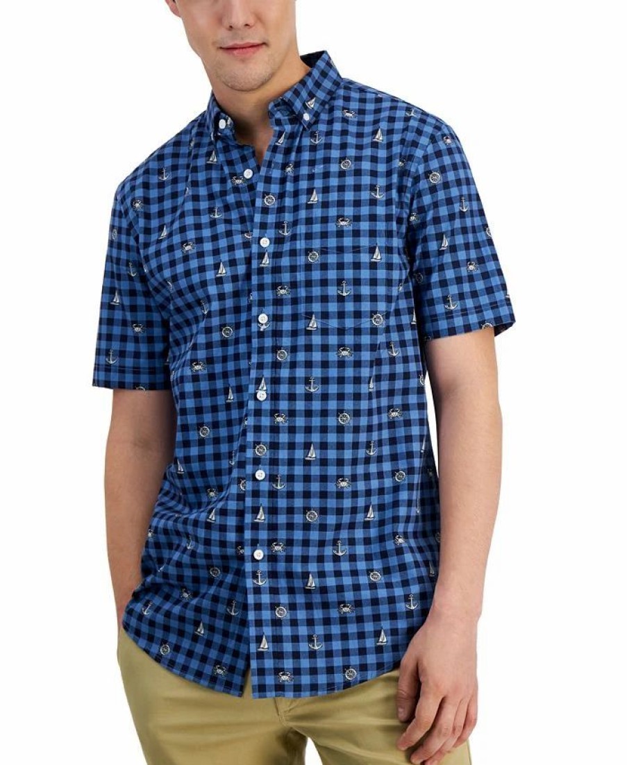 Casual Button-Down Shirts * | Club Room Men'S Peter Classic-Fit Maritime-Print Check Button-Down Poplin Shirt, Created For Macy'S Navy Blue