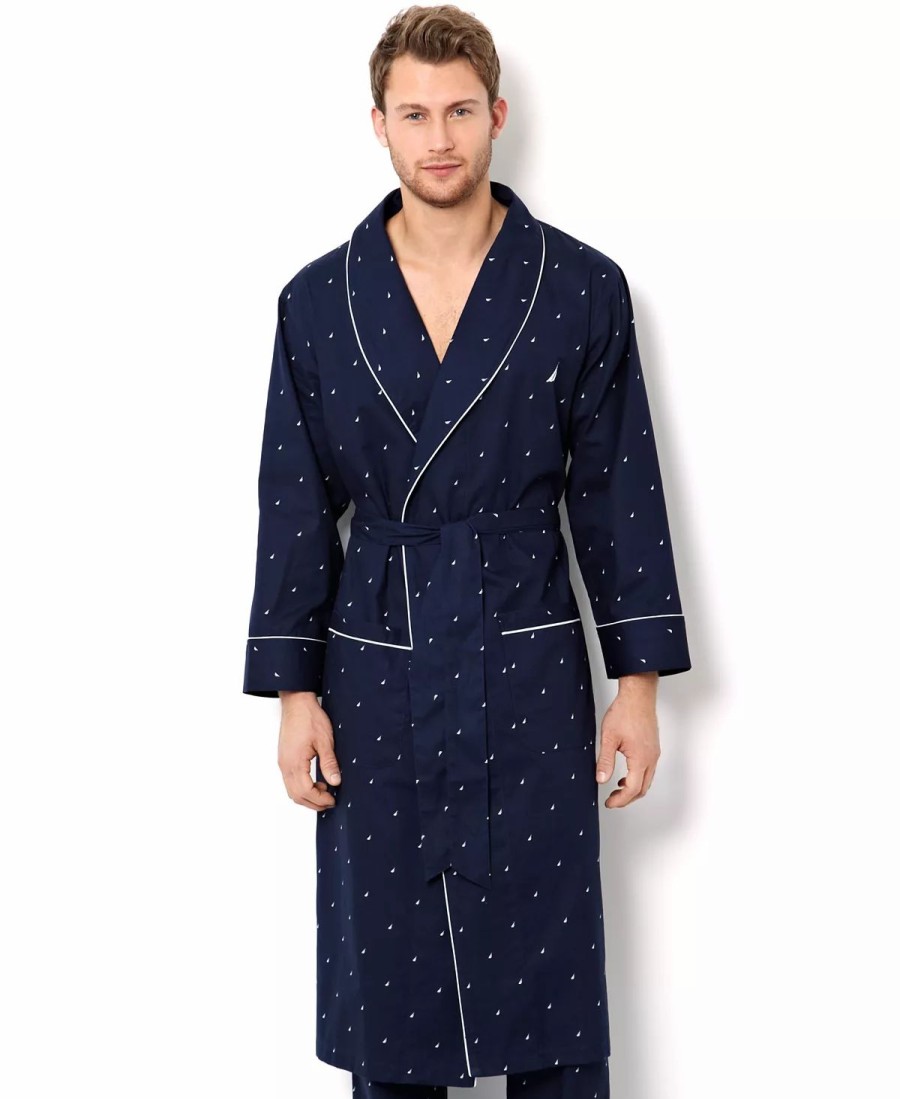 Pajamas & Robes * | Nautica Men'S Signature Light Weight J-Class Logo Woven Robe Maritime Navy