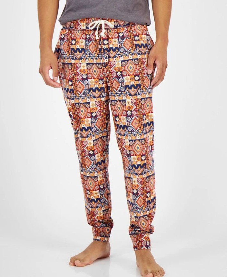 Pajamas & Robes * | Sun + Stone Men'S Southwest Geo-Print Pajama Joggers, Created For Macy'S Orange Navy