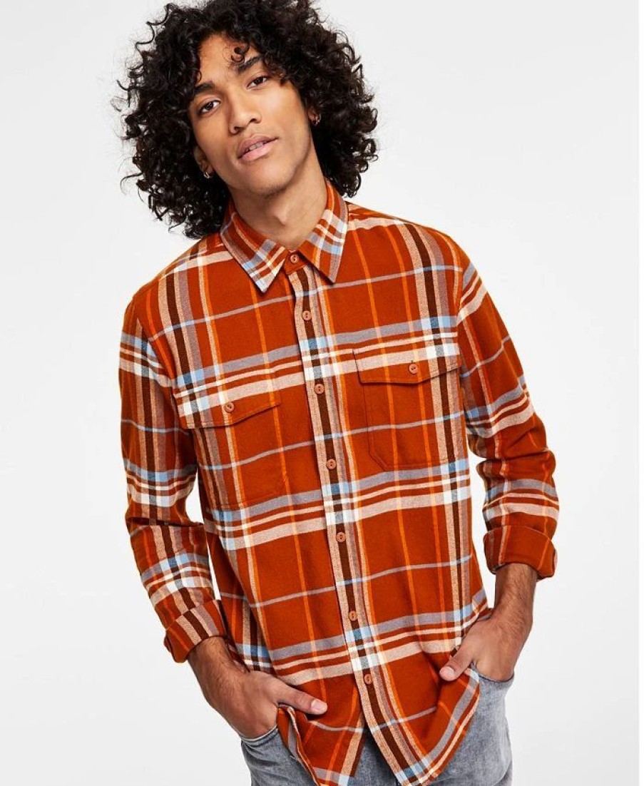 Casual Button-Down Shirts * | Sun + Stone Men'S Paulie Regular-Fit Plaid Flannel Shirt, Created For Macy'S Caramel Cafe