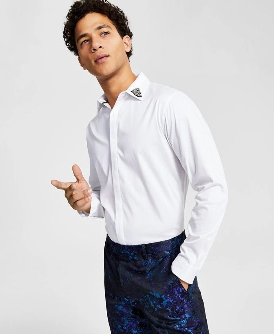 Casual Button-Down Shirts * | Inc International Concepts Men'S Long-Sleeve Embellished-Collar Shirt, Created For Macy'S Bright White