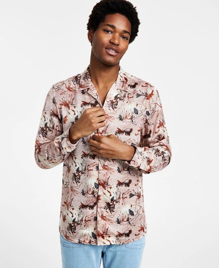 Casual Button-Down Shirts * | Inc International Concepts Men'S Classic-Fit Long Sleeve Sprig Print Camp Shirt, Created For Macy'S Baby Fawn