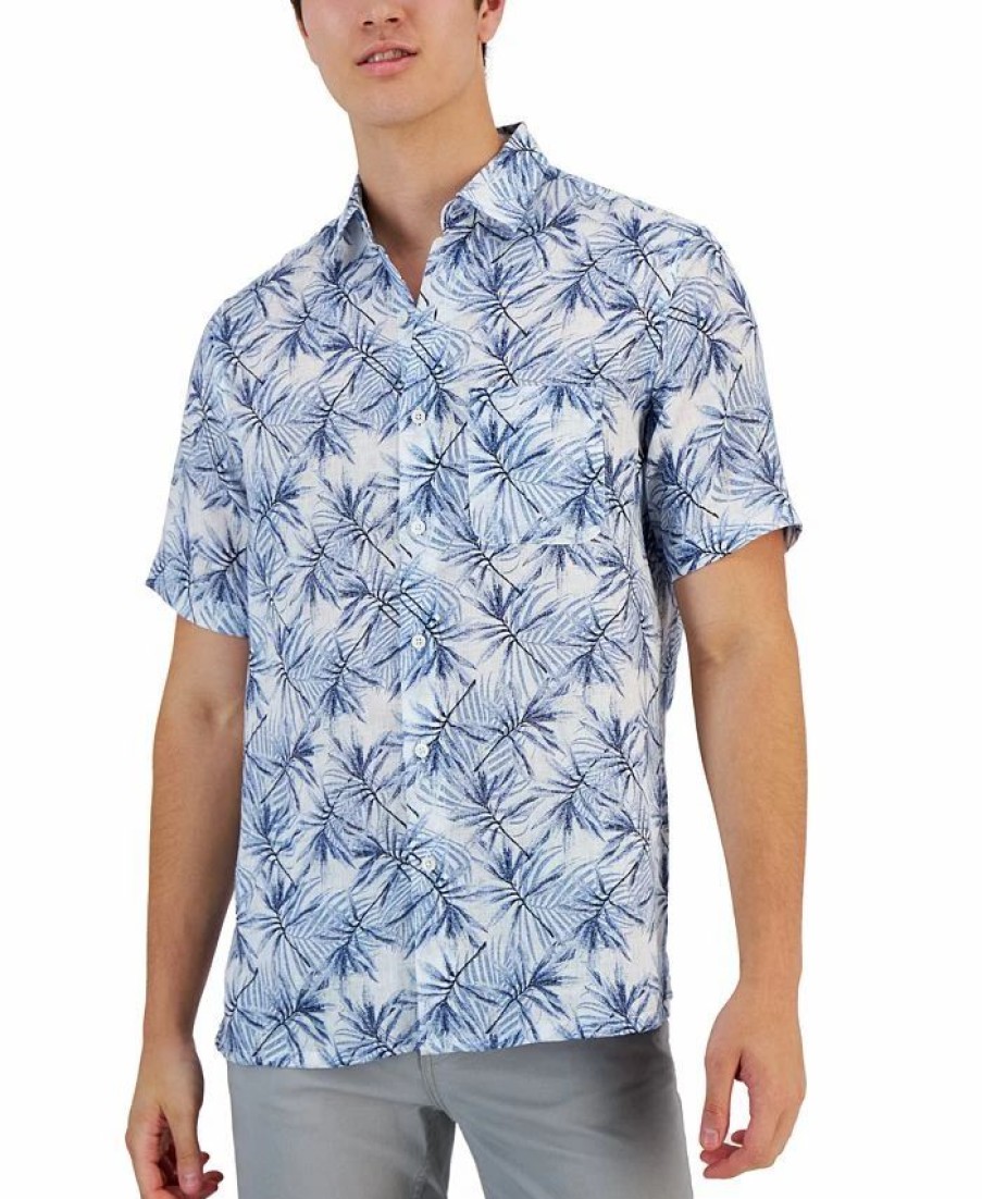 Casual Button-Down Shirts * | Club Room Men'S Gone Classic-Fit Leaf Print Linen Short-Sleeve Shirt, Created For Macy'S Winter Ivory Combo