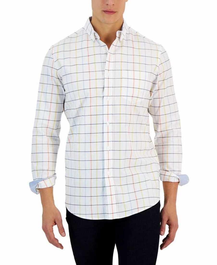 Casual Button-Down Shirts * | Club Room Timon Long Sleeve Multicolor Windowpane Oxford Shirt, Created For Macy'S Bright White