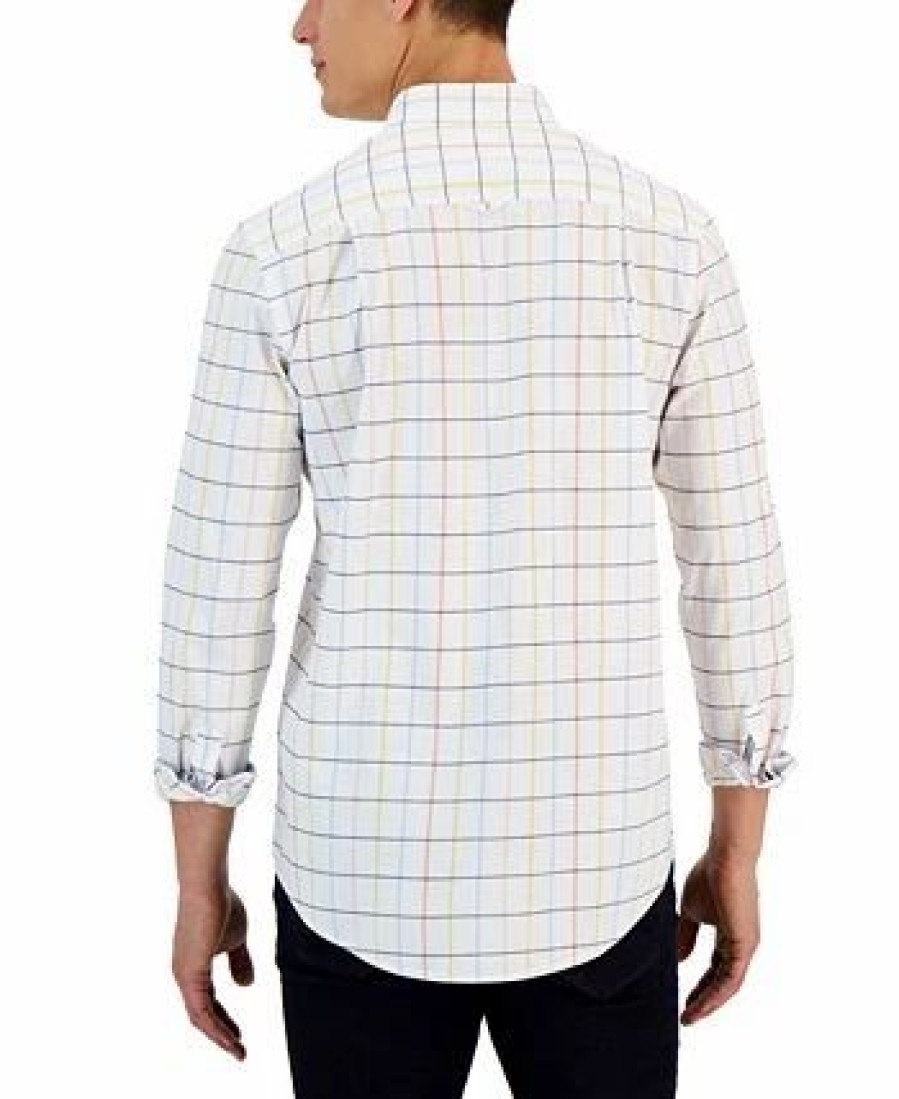 Casual Button-Down Shirts * | Club Room Timon Long Sleeve Multicolor Windowpane Oxford Shirt, Created For Macy'S Bright White