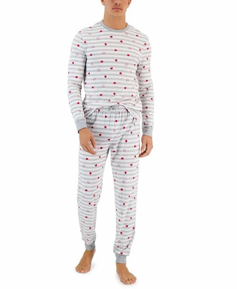 Pajamas & Robes * | Family Pajamas Men'S Hearts Striped Valentine'S Day Matching Pajama Set, Created For Macy'S Grey Heart Stripe