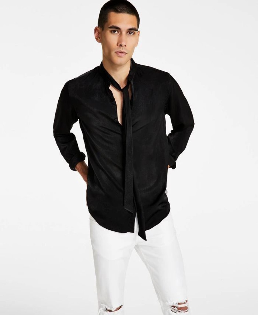 Casual Button-Down Shirts * | Inc International Concepts -Fit Satin Bow Button-Down Shirt, Created For Macy'S Deep Black