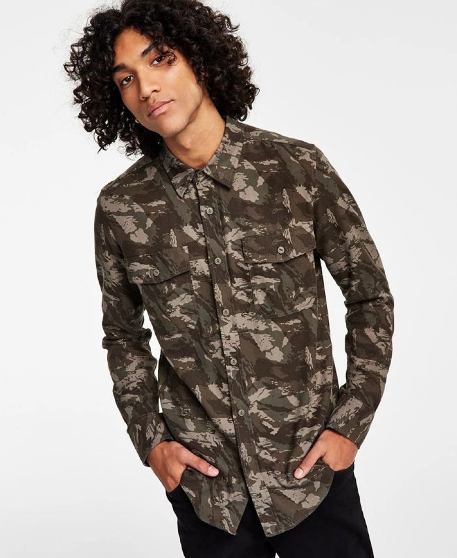 Casual Button-Down Shirts * | Sun + Stone Men'S Leo Regular-Fit Camouflage Flannel Shirt, Created For Macy'S Weathered Brown