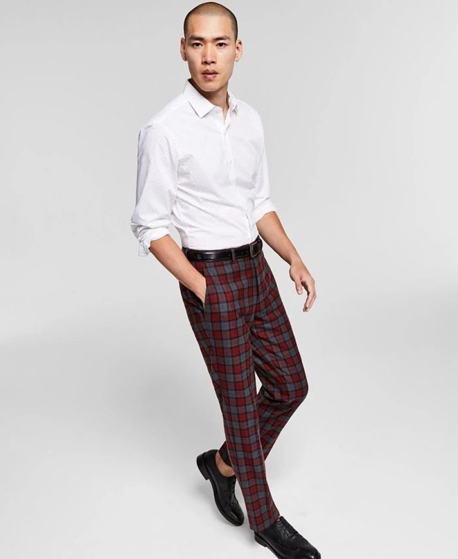 Pants * | Bar Iii Men'S Slim-Fit Red/Gray Plaid Suit Pants, Created For Macy'S Red Grey