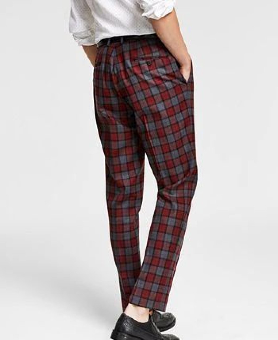 Pants * | Bar Iii Men'S Slim-Fit Red/Gray Plaid Suit Pants, Created For Macy'S Red Grey