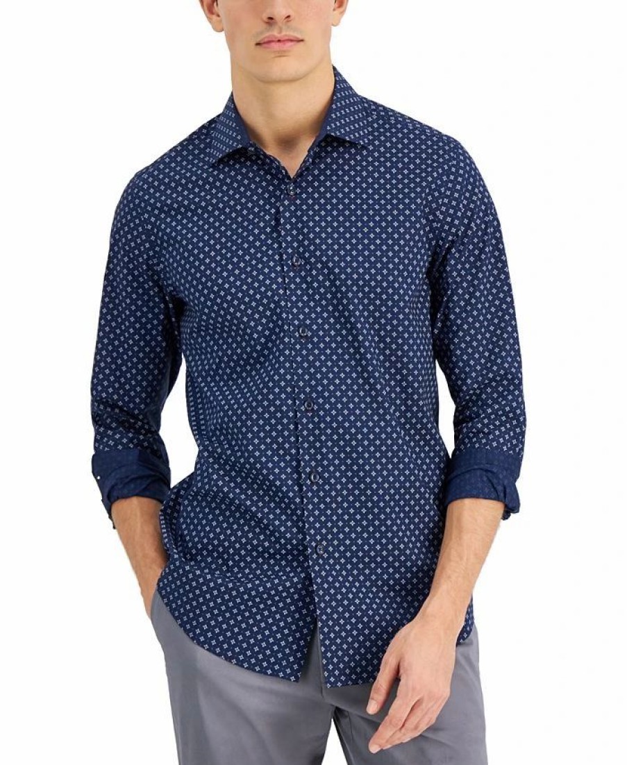 Casual Button-Down Shirts * | Alfani Men'S Mini Medallion Print Shirt, Created For Macy'S Navy Blue