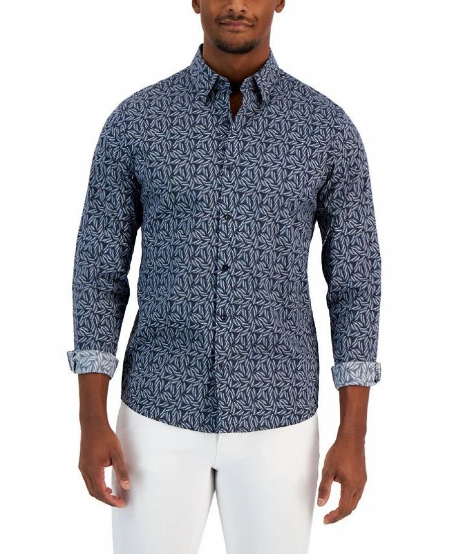 Casual Button-Down Shirts * | Michael Kors N'S Slim-Fit Stretch Leaf Sketch Print Long-Sleeve Button-Up Shirt Midnight